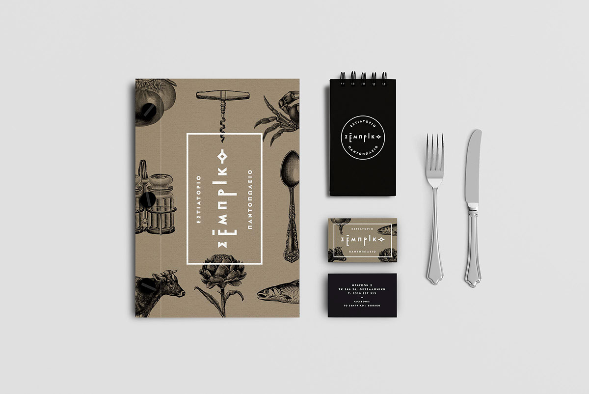 Visual identity applications: menu, business cards and notebook.